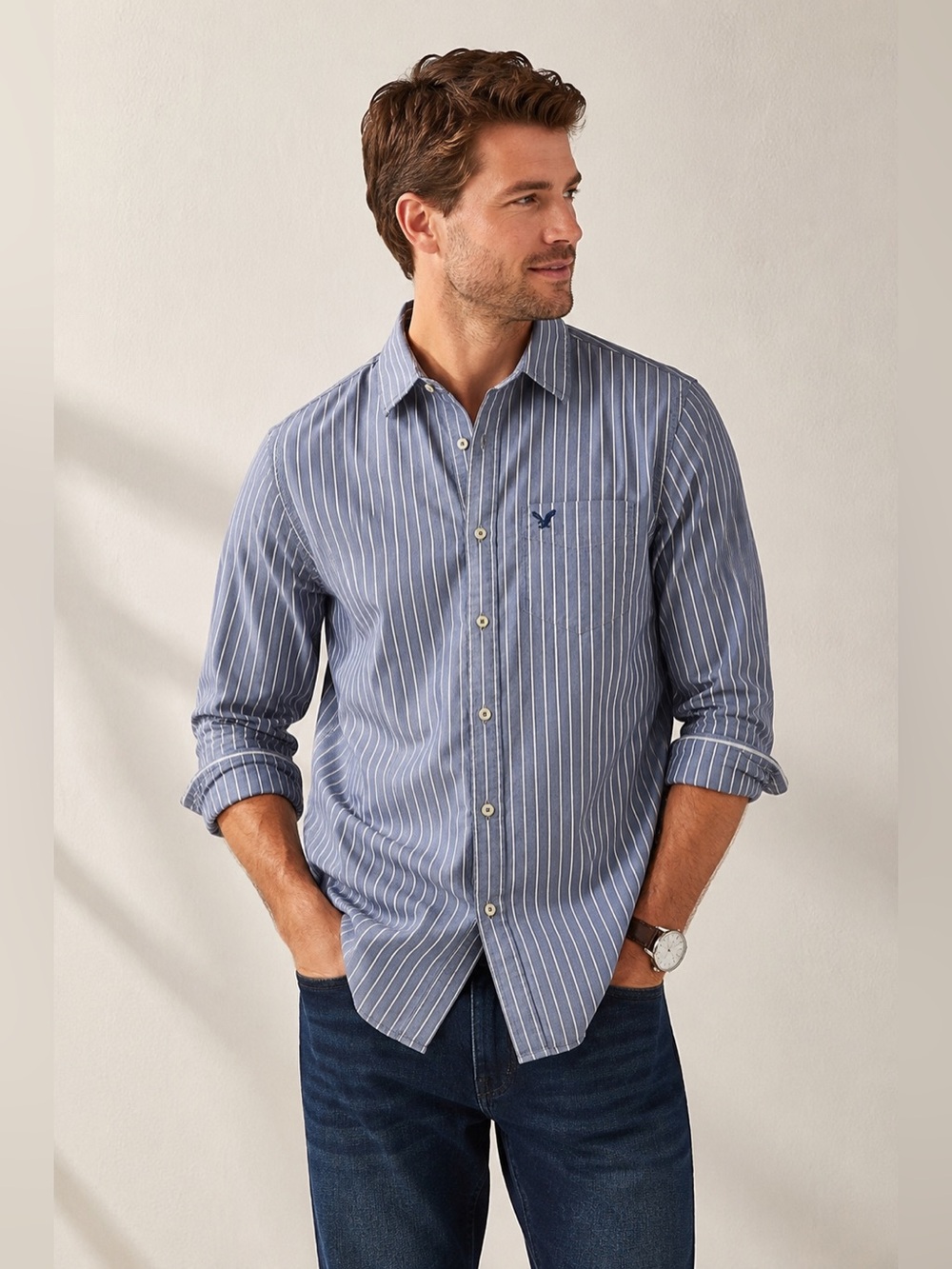 American Eagle Outfitters Blue and White Striped Button-Down Shirt